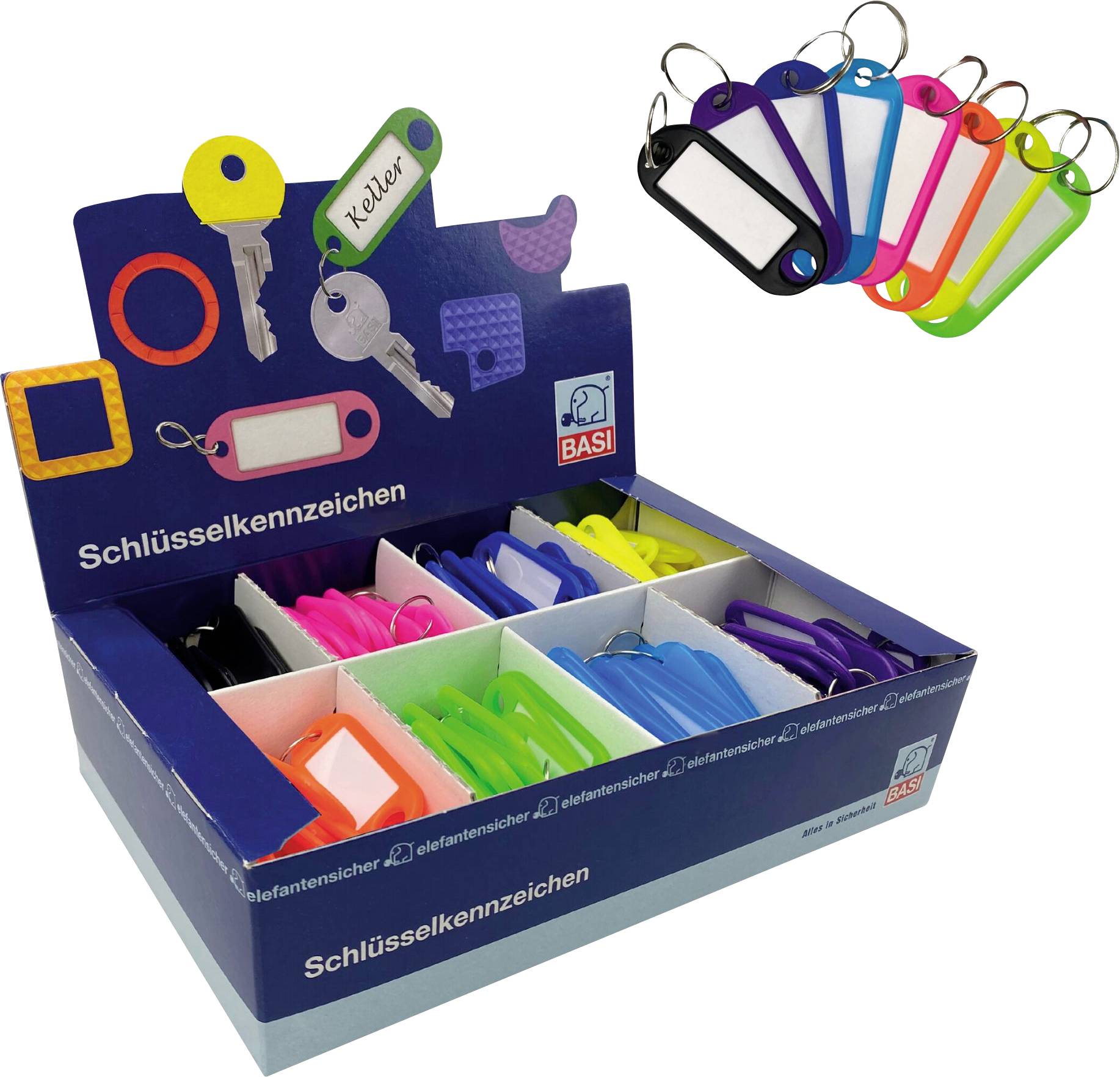 Keyrings in different colours in a box labelled 'Key Identification' with an image of keys.