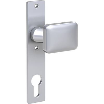 Silver door handle with a square knob and keyhole; suitable for modern interior doors.