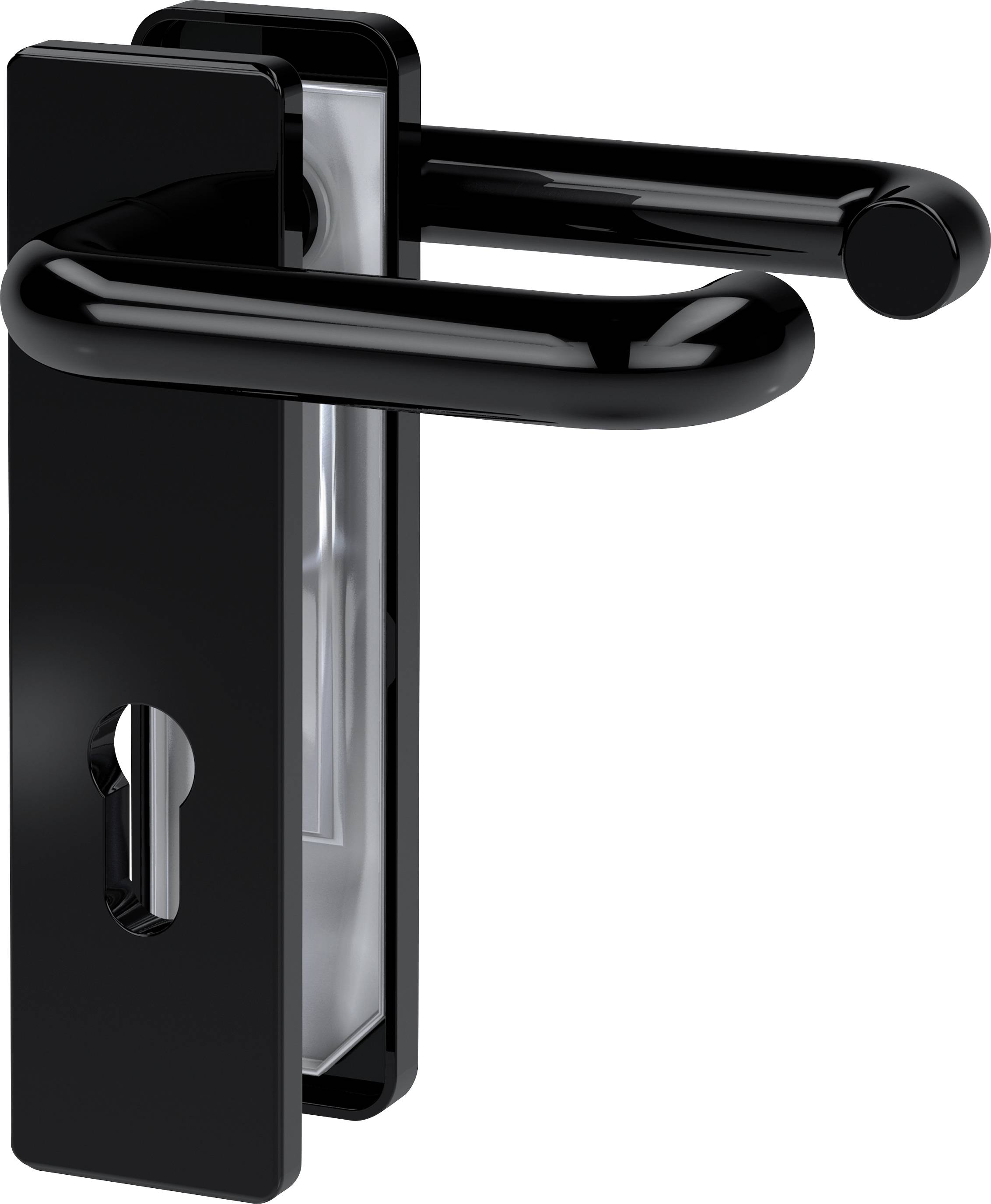 Black door handle with a rectangular, glossy plate and integrated keyhole opening, modern and minimalist.