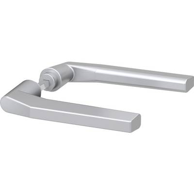 Metal door handle in a modern, angular design.