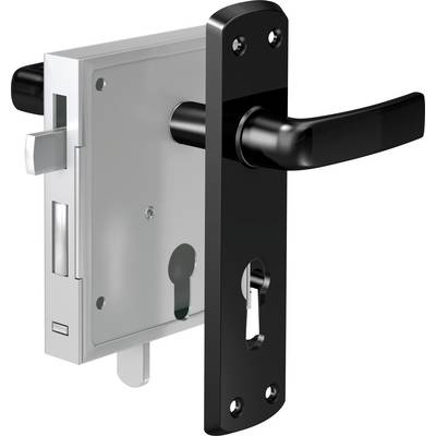 A door latch with lock and black handle, suitable for interior doors. Indicates robust construction and modern design.