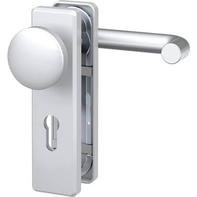 Silver door handle set with a round rotating knob on the left and a straight lever on the right, suitable for doors with a keyhole.