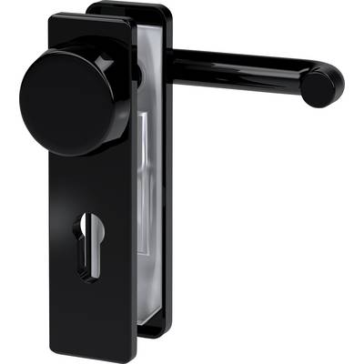 Black door handle set with round knob and key escutcheon, suitable for interior and exterior doors.