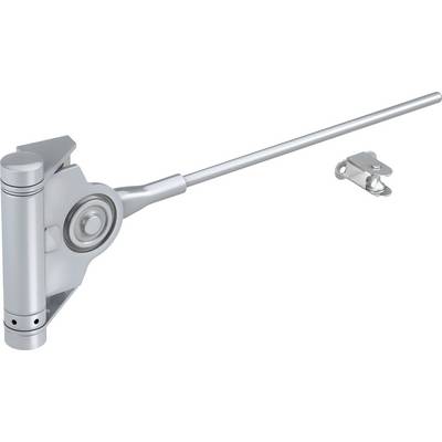 Door closer in silver colour, with a long arm and mounting bracket, for fixing to a door to enable automatic closing.