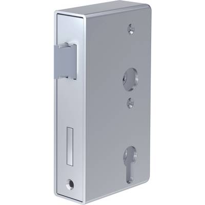 Silver rectangular door lock case with a protruding latch on the left side and three circular holes on the front.
