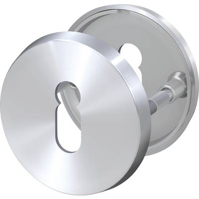 A silver, round door hardware piece with a keyhole, set against a light background. It shows the front and back of the fitting.