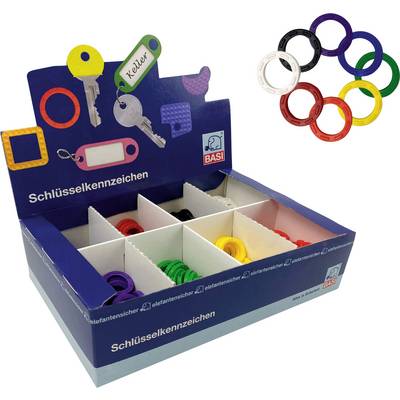 A sales display with coloured key caps and key rings. Box contains vibrant, round tags. Inscription: 'Key Identification'.