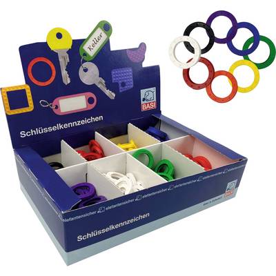 A carton with multiple compartments full of colourful key identifiers. Each compartment contains rings of a specific colour. Top left hangs a key with a tag inscribed 'Cellar'.