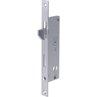 A silver mortise lock with a bolt and two screw holes, designed for installation in a door edge for enhanced security.