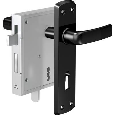 'Silver mortice lock with black door handle and keyplate, reveals interior components and locking mechanism.'