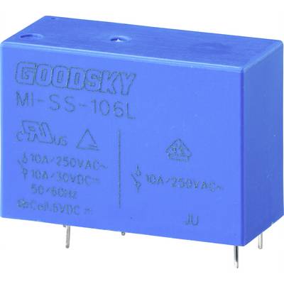 Blue Relay, Type GOODSKY MI-SS-106L, 10A 250VAC, 10A 30VDC, 50-60Hz, 10A 250VAC, with electrical connection pins underneath.