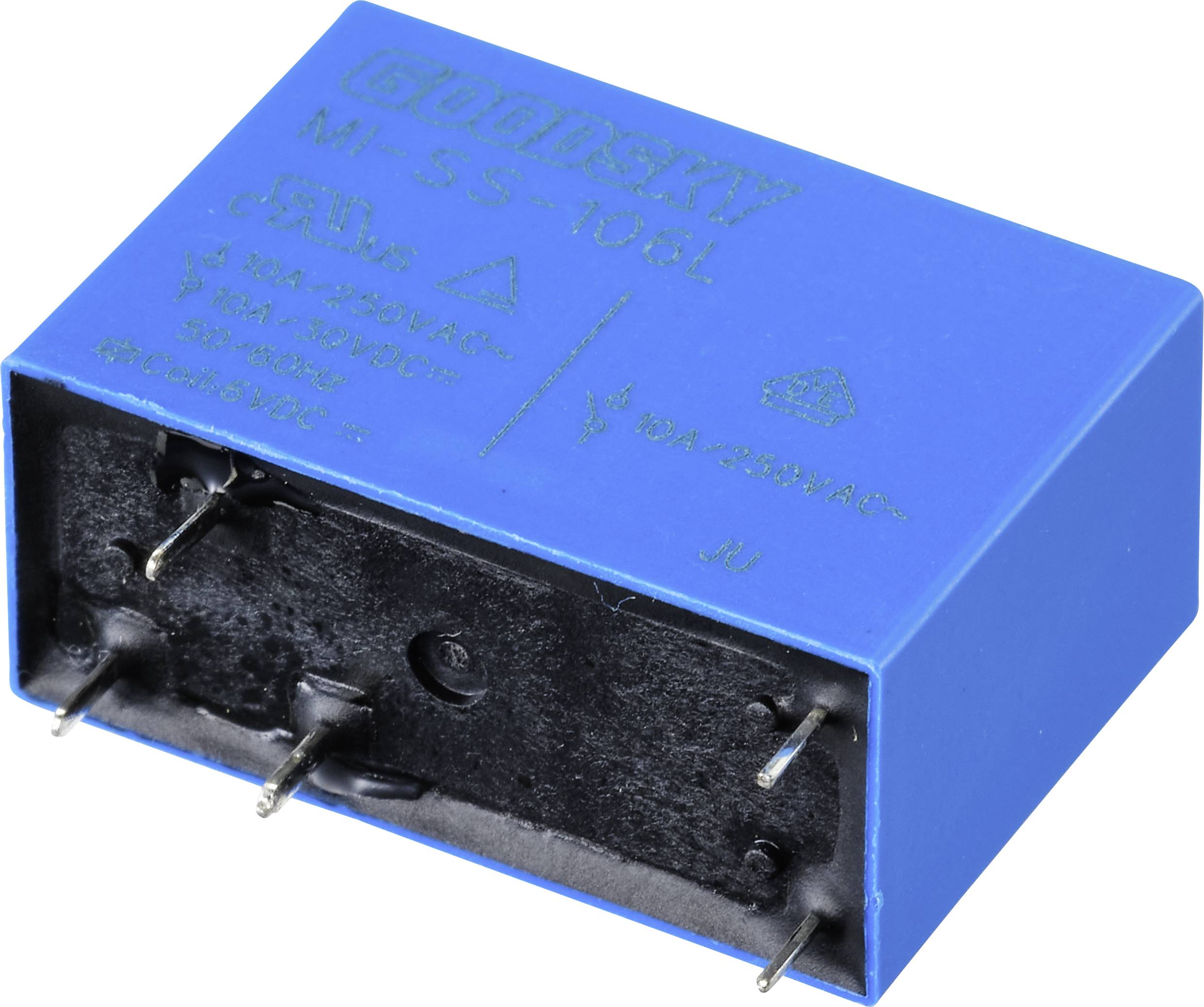 Blue electronic relay block with the inscription 'GOODSKY M1 SS-10DL', black connectors and technical specifications.