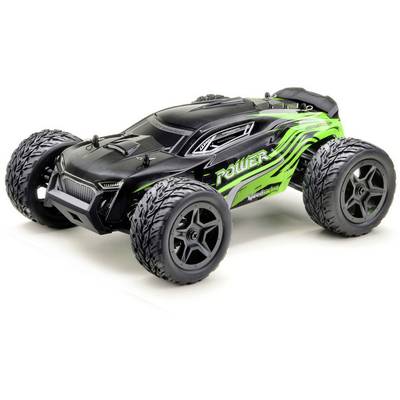 Remote-controlled car with green and black design and large off-road tyres, suitable for outdoor racing and high-speed driving.