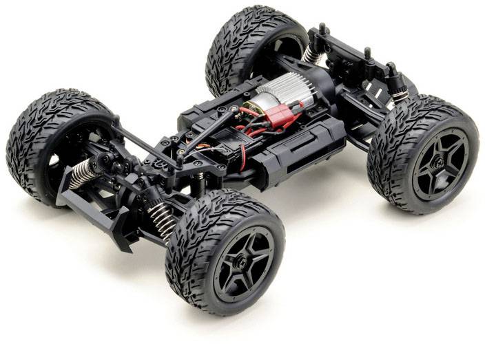 A small, remote-controlled car chassis with a visible motor and large tyre suspension, suitable for off-road driving.