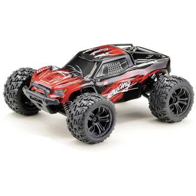A red and black remote-controlled car with large, chunky tyres, a sporty design, and a robust chassis.