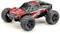 A red and black remote-controlled car with large, chunky tyres, a sporty design, and a robust chassis.