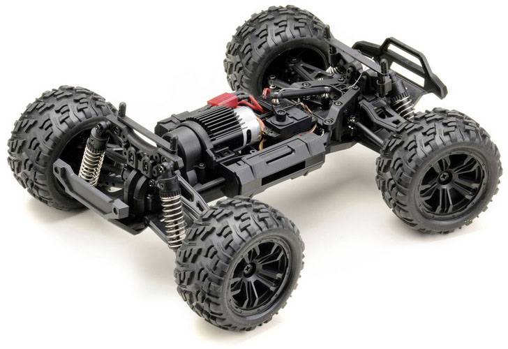Remote-controlled off-road vehicle with large tyres and a robust chassis, suitable for off-road adventures.