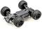 A black remote-controlled car without bodywork, showing robust tyres and suspension, suitable for off-road driving.