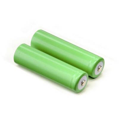 Two green batteries lying side by side on a white background.