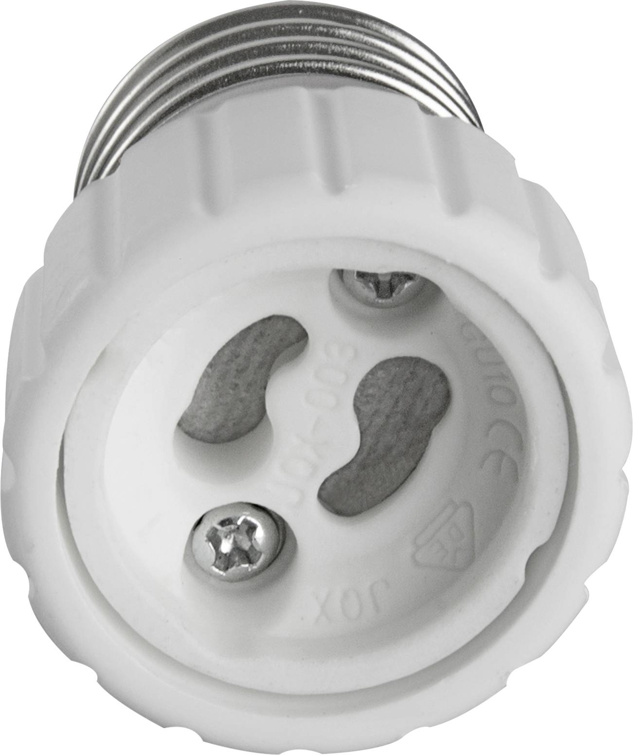 A white lamp socket with a screw thread, suitable for screw-in light bulbs. Shows an interior view with two contacts and a screw.
