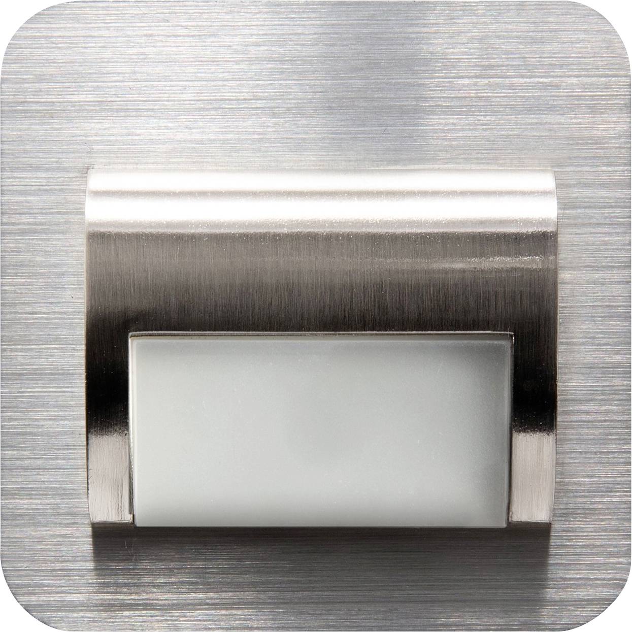 A modern, rectangular wall light made of brushed metal with a white, opalescent light panel.