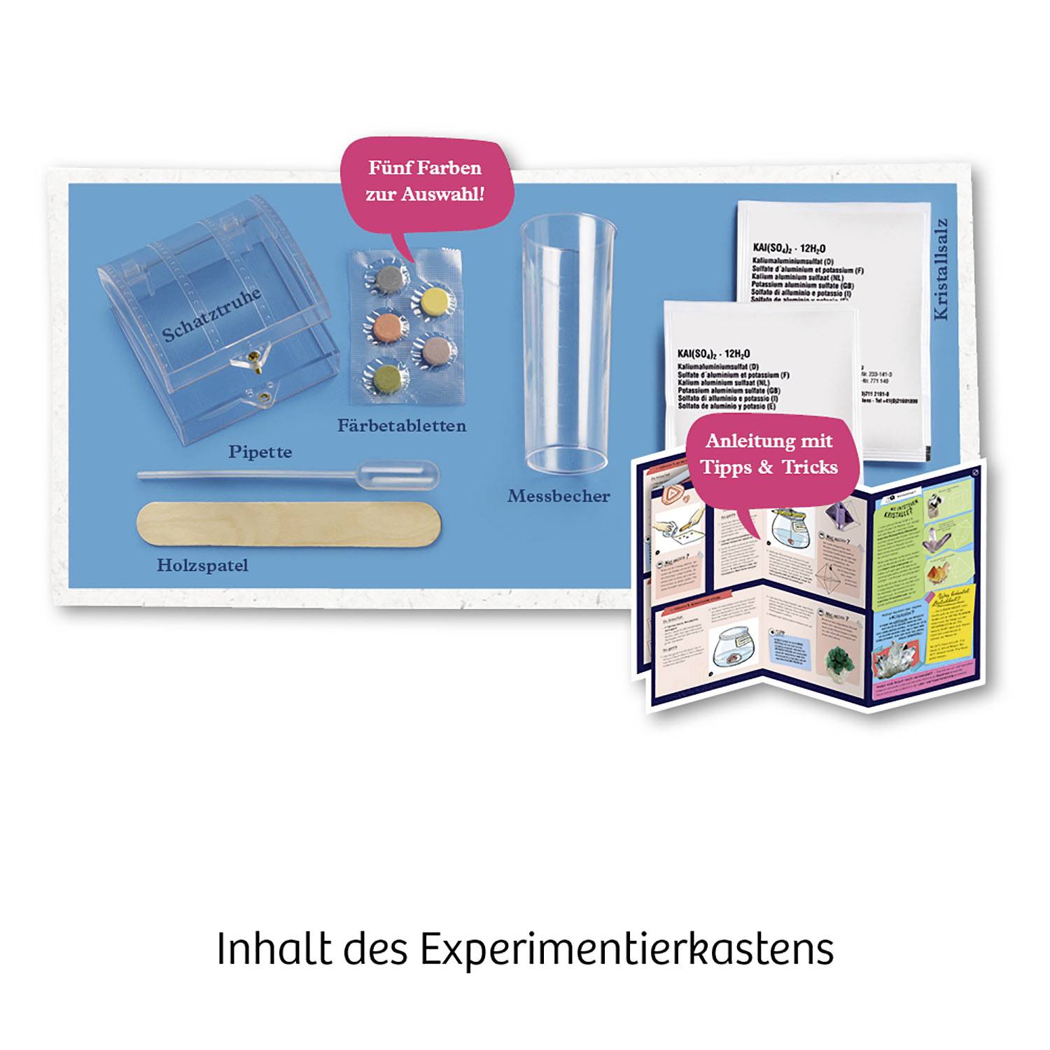 Set of experimental materials, including pipette, measuring beaker, colour tablets, instruction booklet 'Tips & Tricks', wooden spatula and box.