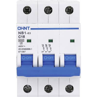 A three-pole circuit breaker by Chint NB1-63 with blue toggle switches, suitable for 400V and 16A.