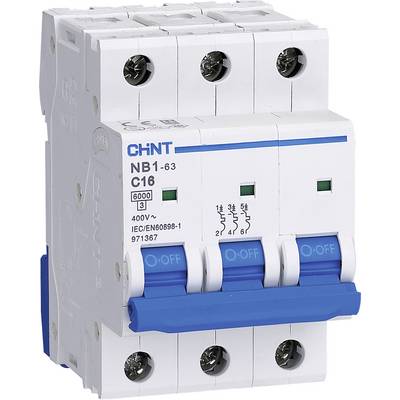 A three-pole circuit breaker by 'Chint', model 'NB1-63 C16' for 400V.