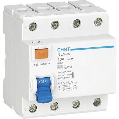 A circuit breaker with a blue lever, marked with 'ON/OFF' and an orange test button, specified for 40A at 400V.