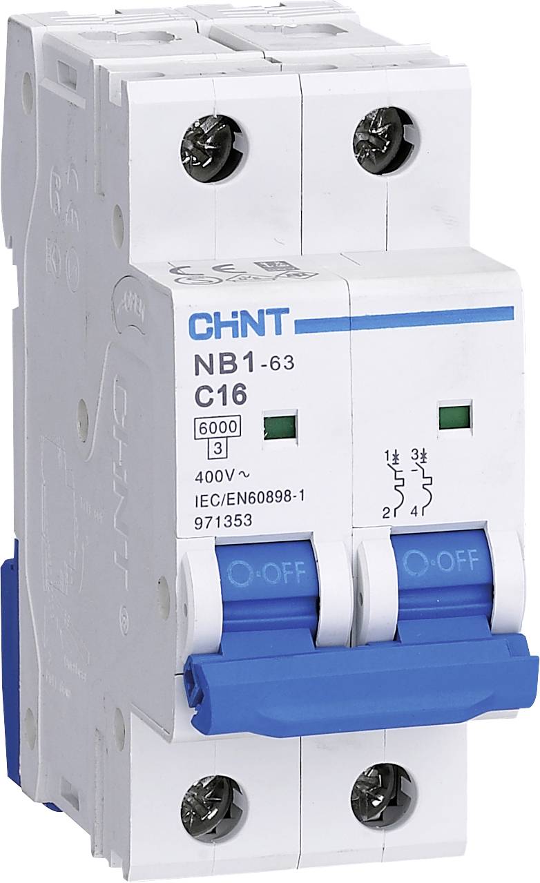 A blue two-pole circuit breaker with the marking 'NB1-63 C16' and specifications '400V', '6000', 'IEC/EN60898-1'.