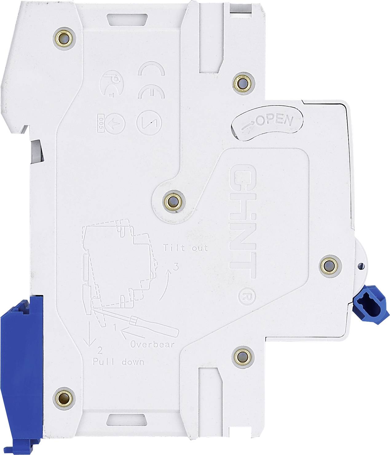 A white electrical circuit breaker with blue and black components. Text: 'OPEN CHINT'. Used for electrical safety.