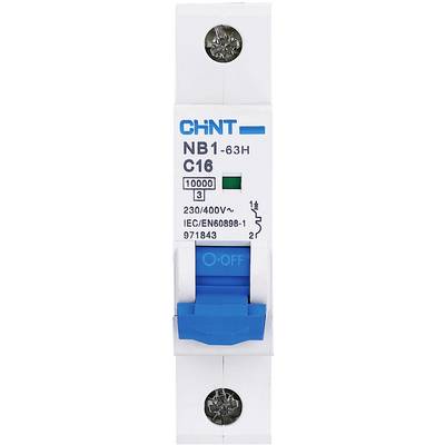 A blue and white circuit breaker by CHINT, Model NB1-63H, C16, rated for 230/400V, displays its switching status and technical specifications.