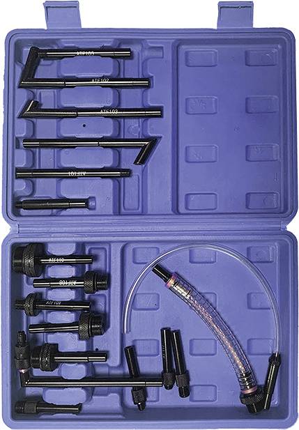 A blue plastic case contains various black pipes, nozzles and adapters along with a flexible hose for cleaning.
