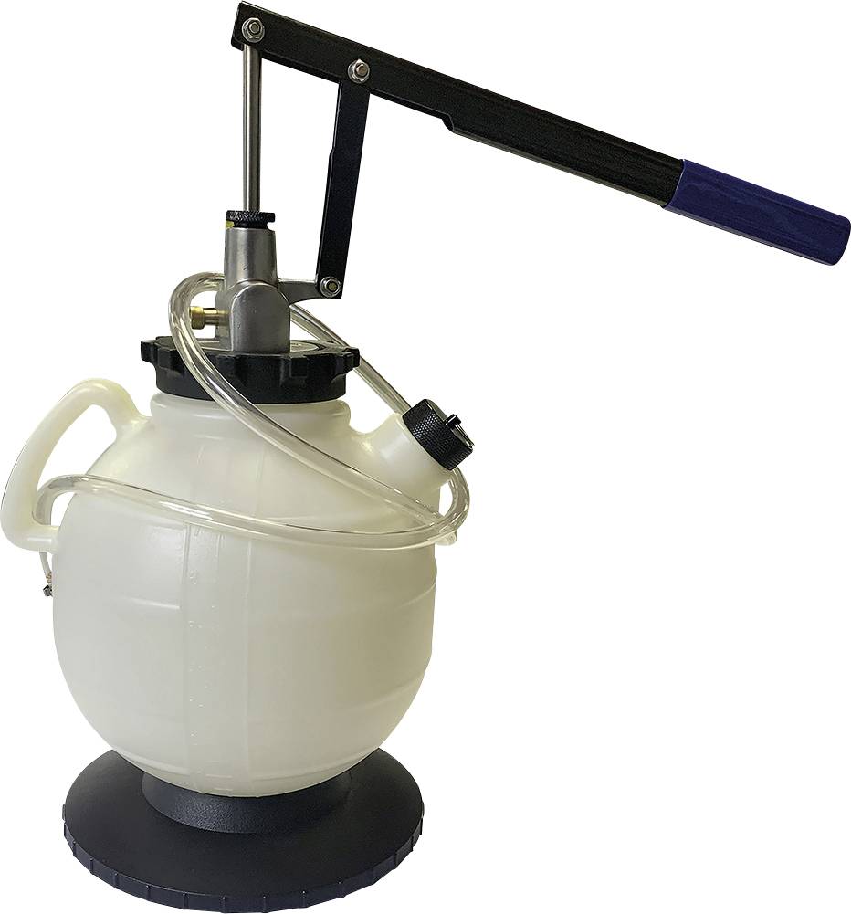 A manual oil extraction container with hand pump, suitable for extracting liquids. Equipped with a flexible hose.