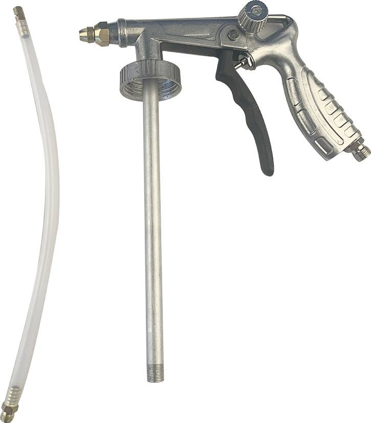 Metal spray gun with long nozzle tube and separate hose. Frequently used for applying liquids to surfaces.