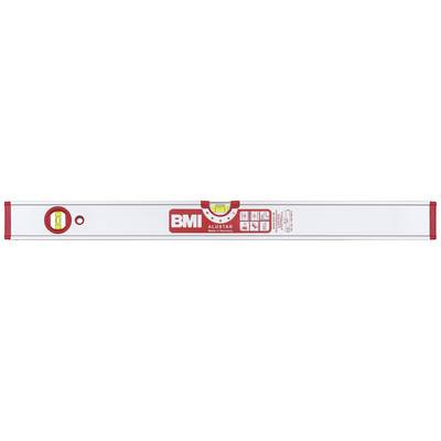 Spirit level in rectangular shape with red and white labelling, indicates horizontal and vertical planes.