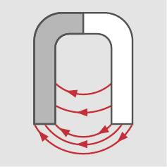 Horseshoe magnet with red lines indicating the magnetic field. The lines show the direction from one pole to the other.