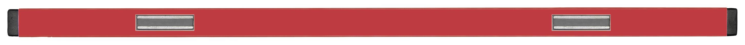 Red spirit level with two grey vials for levelling.