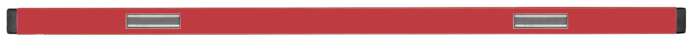 A red spirit level with two bubble vials for checking horizontal alignment.