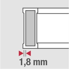 Cross-section of an edge with 1.8 mm material thickness, illustrated by a shaded rectangle.