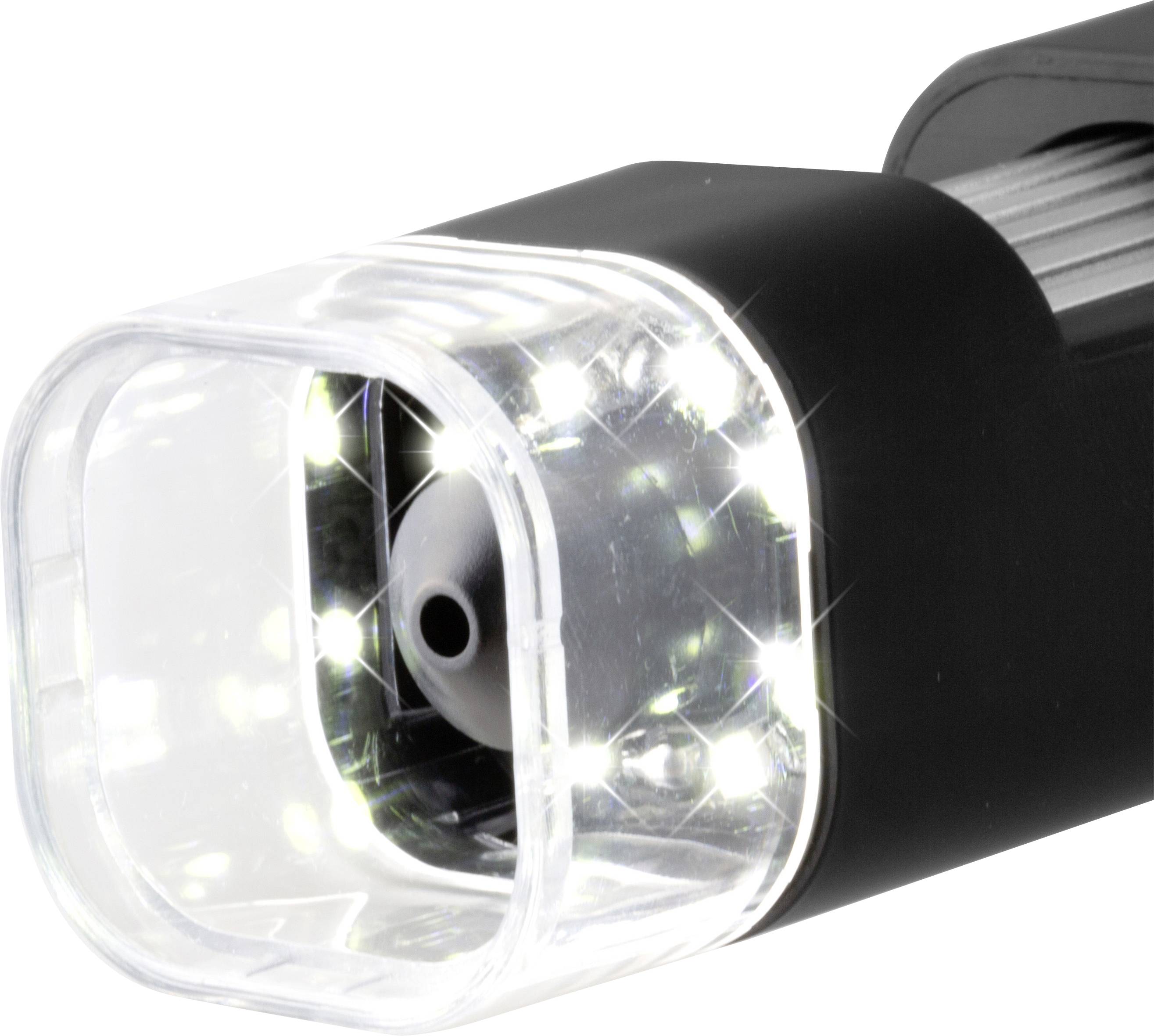 Electric toothbrush with illuminated head: White LEDs illuminate around a central brush attachment, transparent plastic casing.