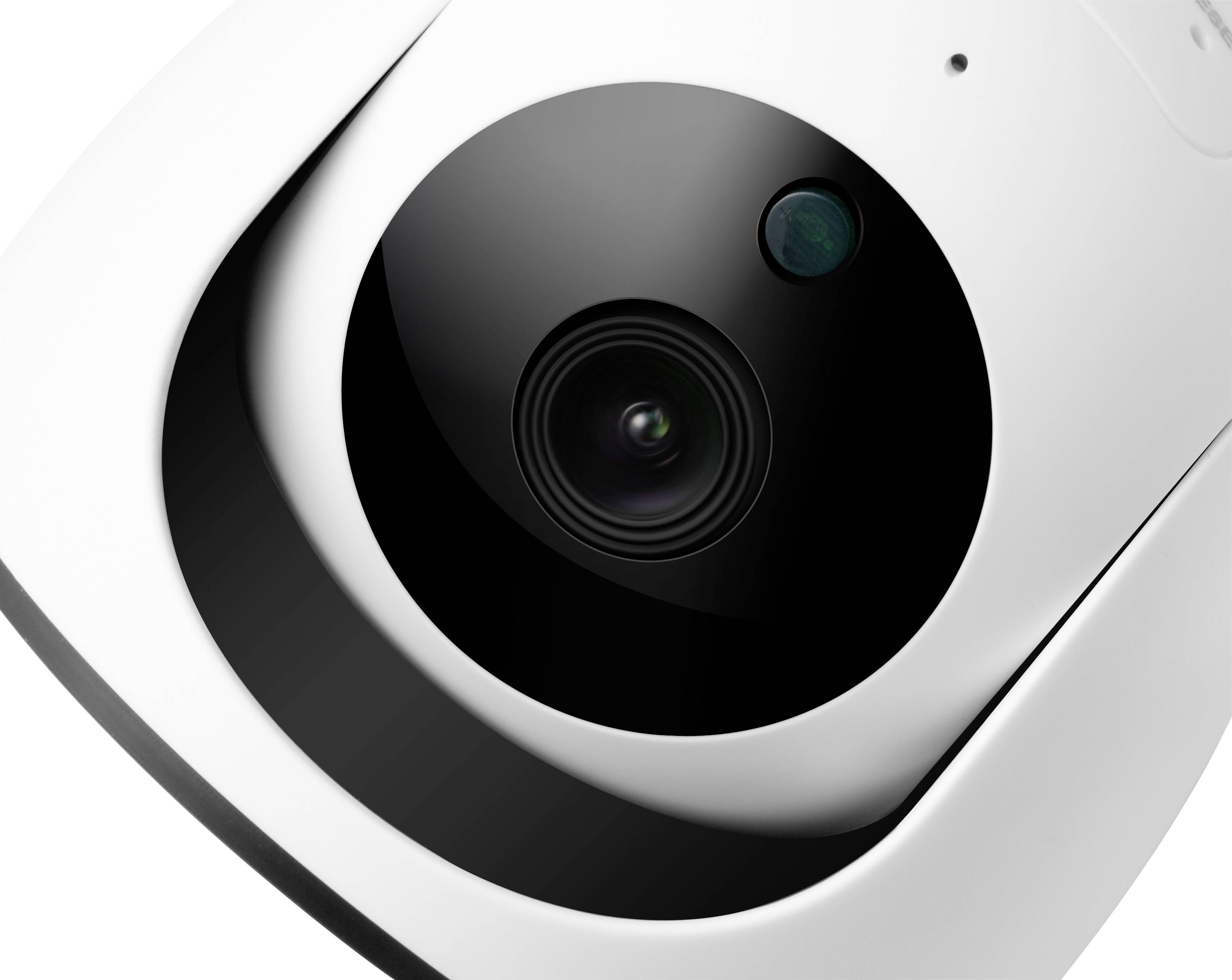 Close-up of a modern, white surveillance camera with a black lens and sensor, angled slightly downwards.