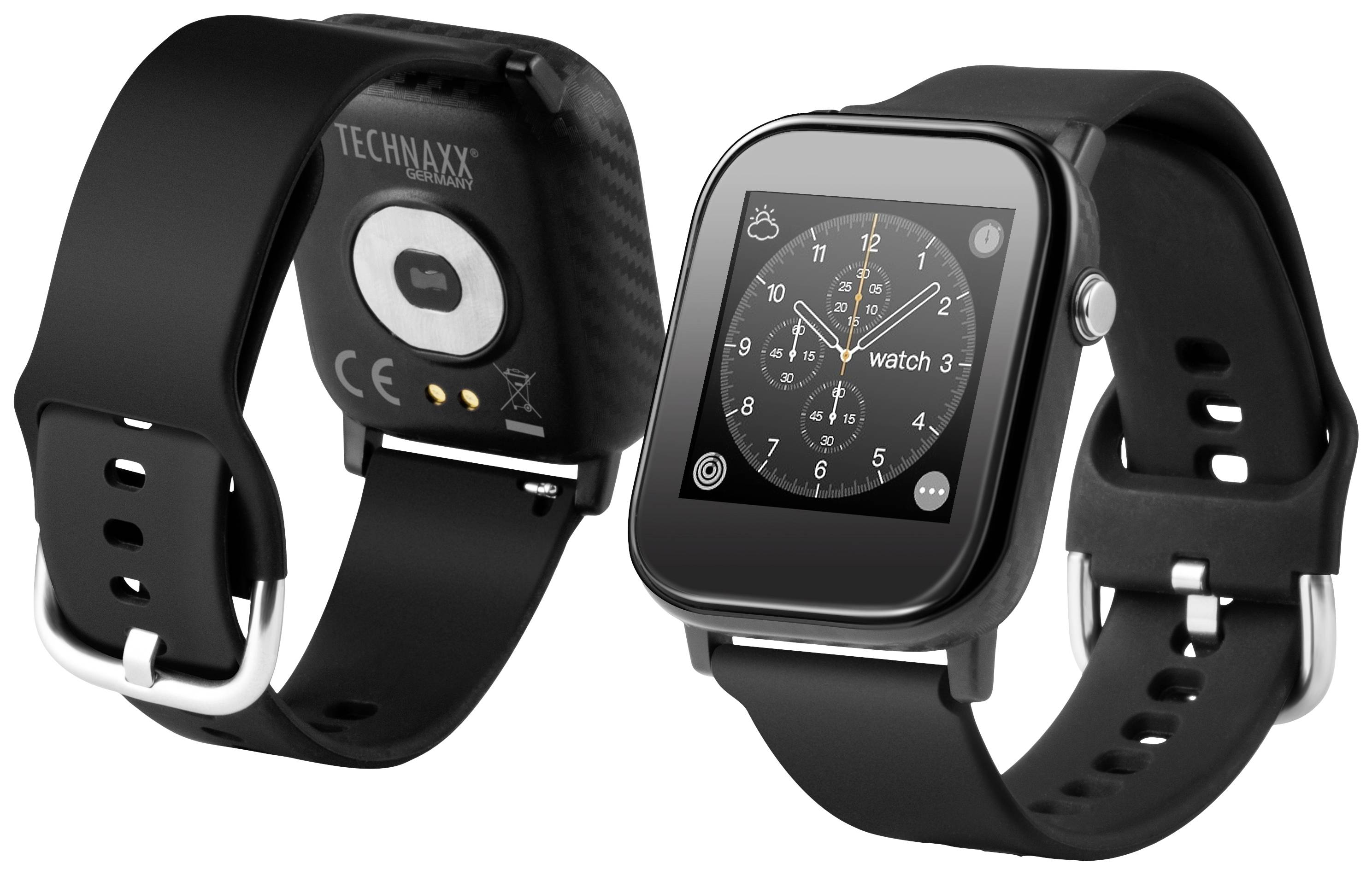 Two black smartwatches with square displays. One shows the back with the sensor, the other the front with the watch face.