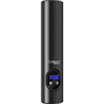 Black, cylindrical power bank air compressor with digital display and control buttons, marked with 'Technaxx Germany'.