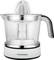 Electric citrus juicer with a transparent container and spout. It features a silver-coloured lid and white base.