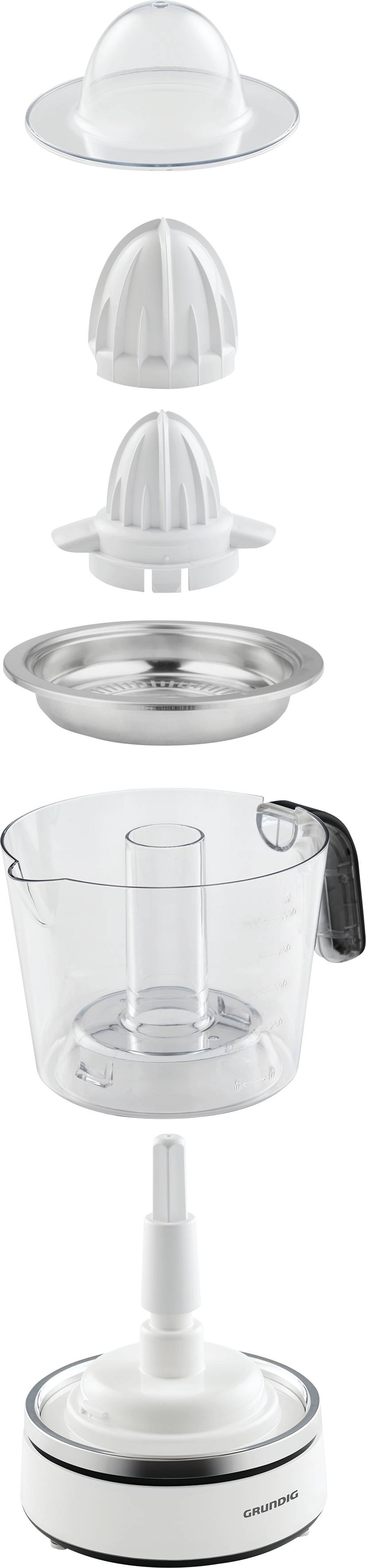 Dismountable juicer with cone attachments, stainless steel sieve, plastic container and motor base. Suitable for pressing citrus fruits.