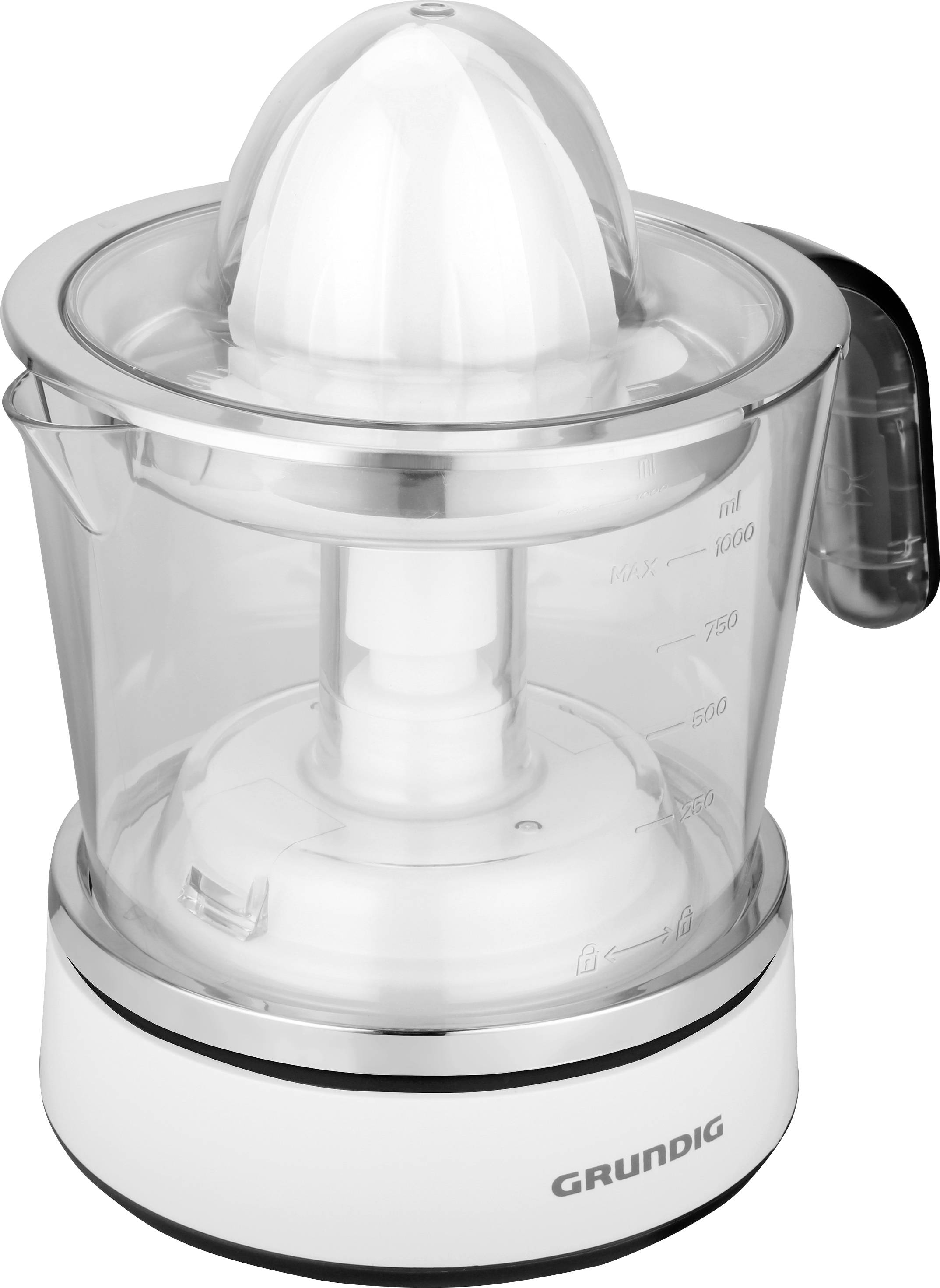 An electric citrus juicer made of transparent plastic with a scale up to 1000 ml and a black handle.