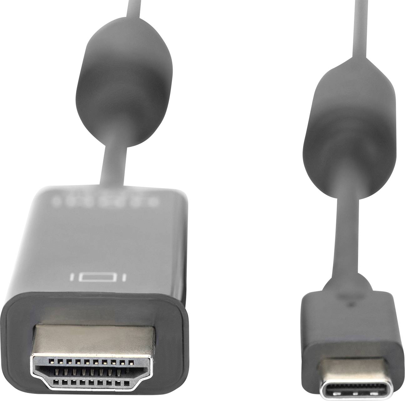 An HDMI to USB-C adapter cable, with an HDMI plug on the left and a USB-C plug on the right.