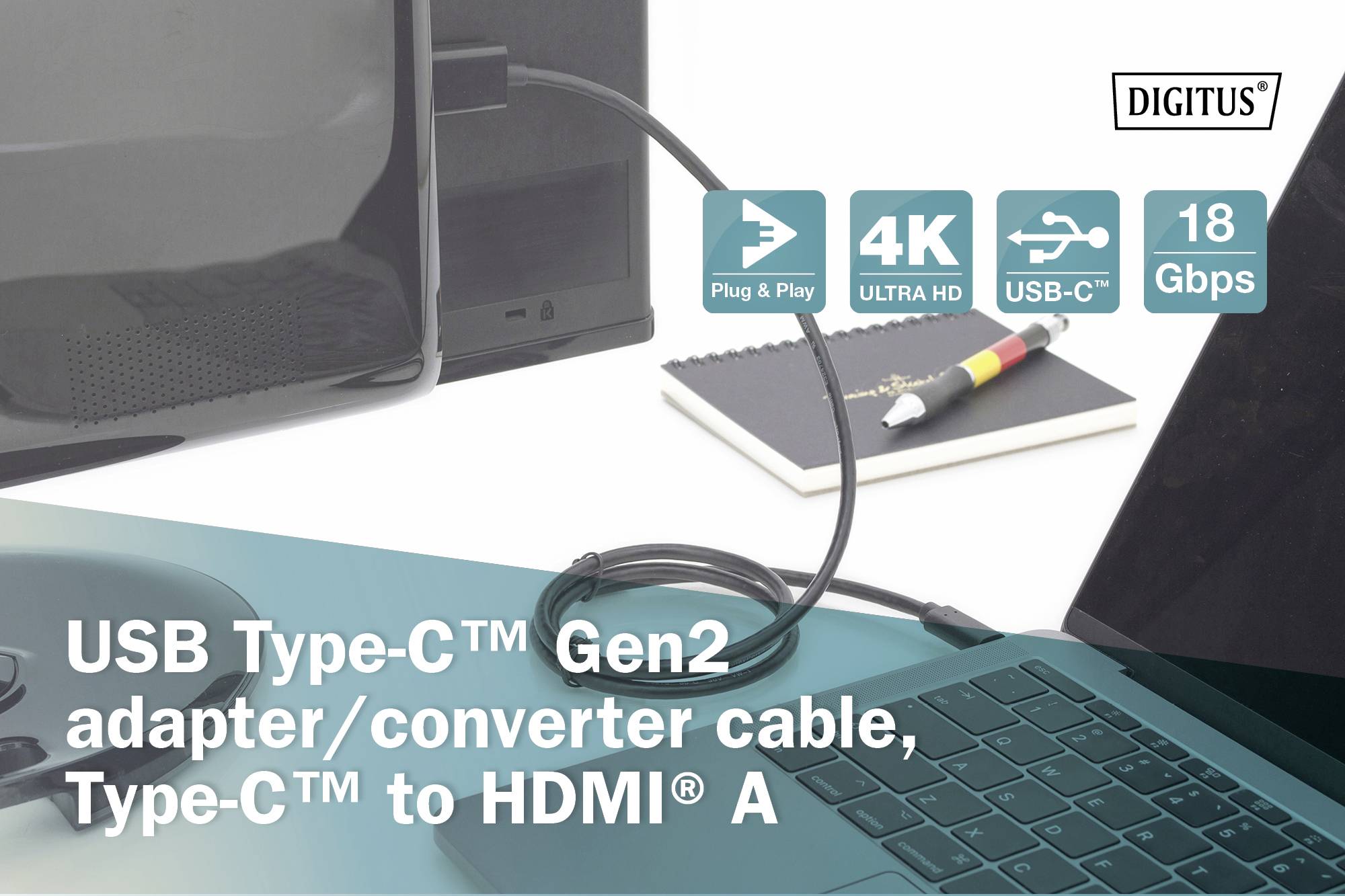 USB Type-C™ Gen2 Adapter/Converter Cable, connects Type-C™ to HDMI®. Supports 4K Ultra HD, Plug & Play, 18 Gbps.