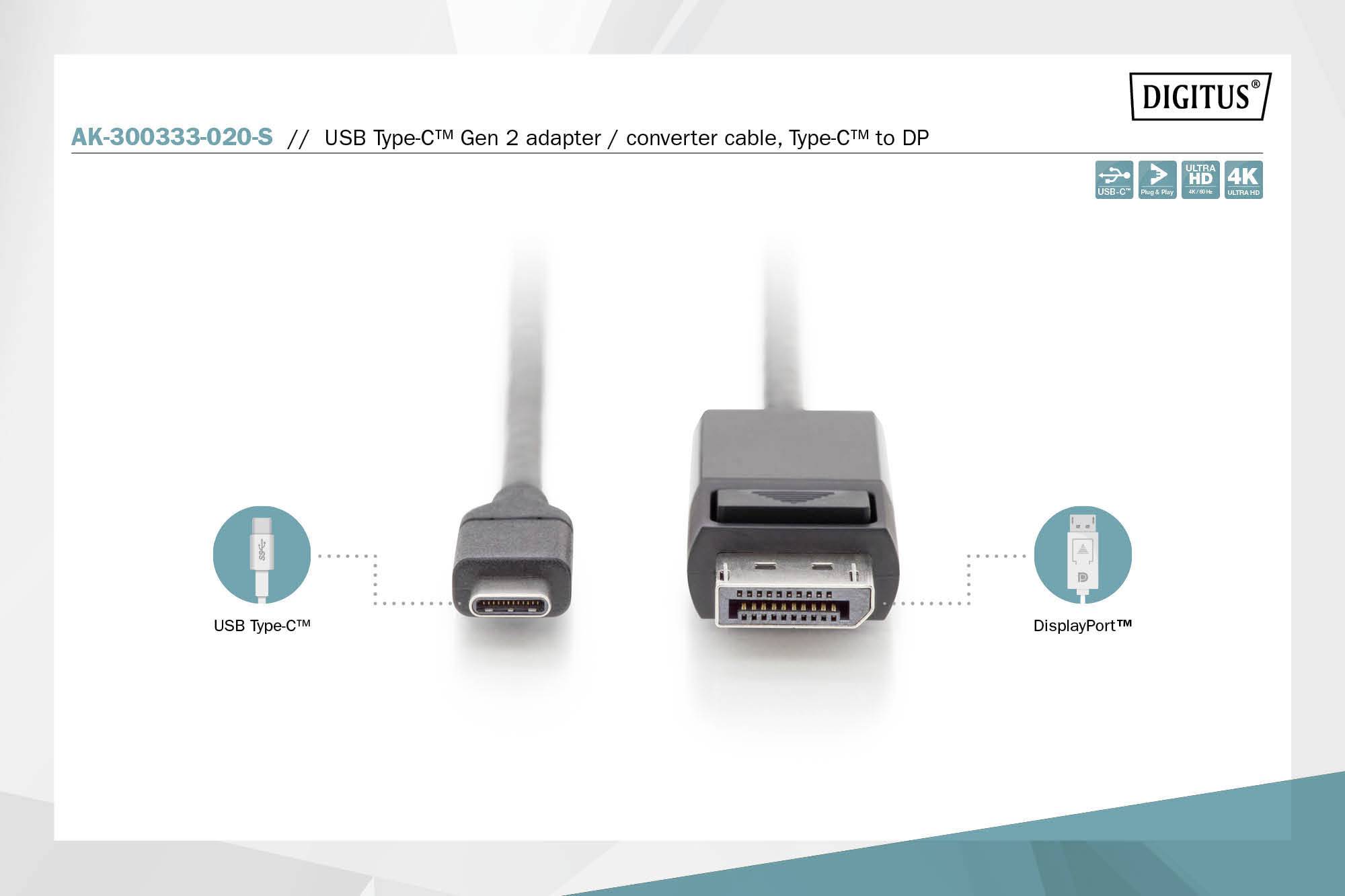 USB Type-C to DisplayPort adapter cable; supports UHD, 4K; shown connectors: USB Type-C (left), DisplayPort (right).
